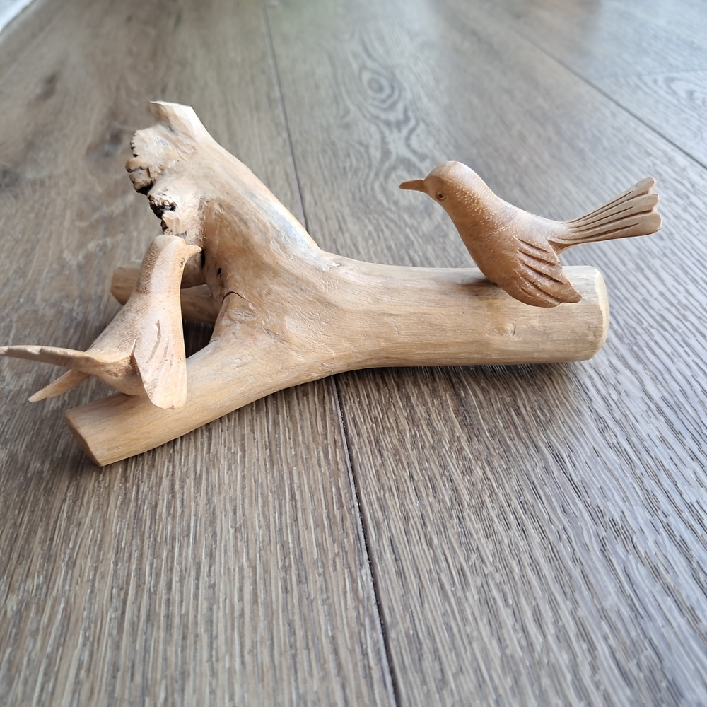 ​Hand Carved Wood Birds Sculpture Natural Teak Root Branch Folk Art Rustic Decor